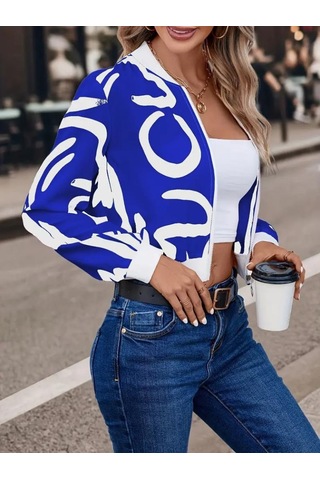 Kadın Uzun Kollu Önden Fermuarlı Kısa Şardonlu Dalgıç Ceket Saks Mavi