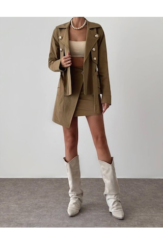 Kadın Düğme Detaylı Hardal Ceket Ve Etek Alt Üst Takım Hardal