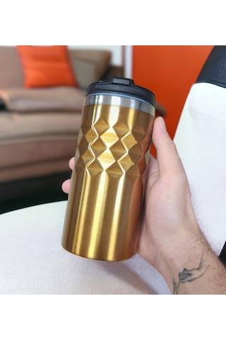 Geometrik Desenli Gold Altın Renk Termos Bardak 300ml