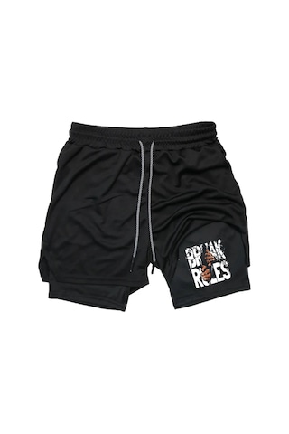 Hızlı Kuruyan 2 İn 1 Yetişkin Unisex Spor Break Rules Baskılı Taytlı Şort Fitness Gym Antrenman Halı Siyah