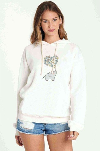 Kawaii Baby Elephants 2 Baskılı Beyaz Kadın Kapşonlu Sweatshirt