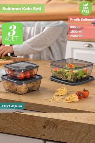 3 Lü Kare Saklama Kabı Seti Erzak Kabı Buzdolabı Kabı Bpa Free Şeffaf