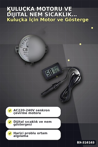 Kuluçka Motoru 50 Tyz 10/12 Rpm Viyol Çevirici Ve Problu Dijital Nem Sıcaklık Ölçer Seti Bx-316163