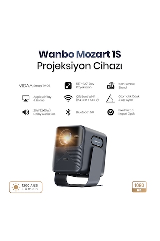 Wanbo Mozart 1s 1200 Ansı Vıdaa Voice Full Hd Akıllı Projeksiyon Cihazı 4k Destekler Dahili Gimbal Stand