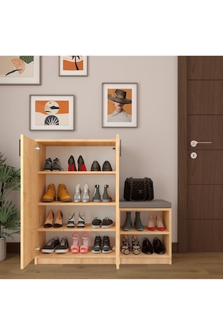 Asra Trend Puflu Ayakkabılık A-22 %100 MDF Minderli Geniş Portmanto Safir Meşe