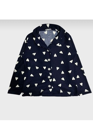 Miosse Kids Kız Çocuk Pamuklu Süet Lacivert Kalp Desenli Gömlek Yaka Boydan Düğmeli Uzun Kollu Pijama Takımı M6590 Lacivert