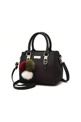 Kadınlar İçin Şık Küçük Çanta, Düz Renk Çapraz Çanta, Ponpon Topu Kolye İle Zarif Üst Sap Siyah