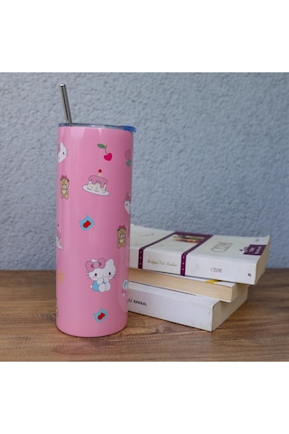 Hello Kitty Kapaklı -pipetli Paslanmaz Çelik Kupa-1957