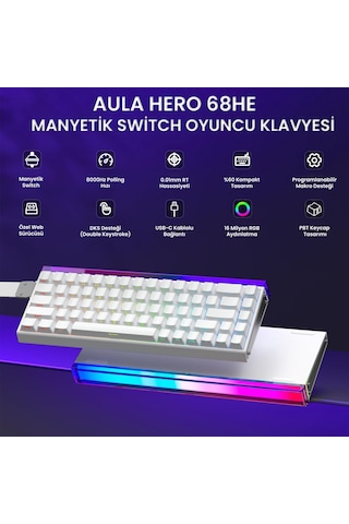 Aula Hero 68 He Manyetik Klavye Rapid Trigger Black King Switch 8000hz Rgb Tkl Hot Swap Oyuncu Klavyesi Beyaz
