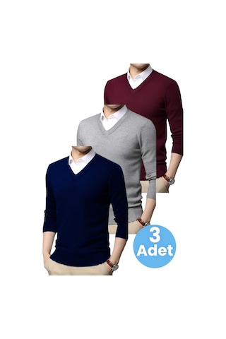 Tezzgelsin 3'lü Erkek V Yaka Uzun Kol Triko Tüylenmez Süveter Erkek Slim Fit Süveter Lacivert - Gri - Bordo