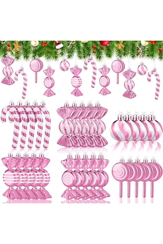 Geeksen 30 Parça Plastik Noel Şeker Süs Seti Pembe-beyaz: Nane Şekeri, Asa Şekeri, Çubuk Şeker Figürleri