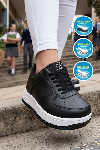 Cool Siyah Bağcıklı Kalın Tabanlı Unisex Yürüyüş Ve Spor Ayakkabı Sneaker Pekin Kısa
