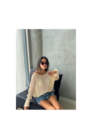 De Pose Ajurlu Sonbaharlik Triko Oversize Bluz Kazak Ekru