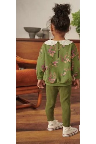 Lolliboomkids Yeni Sezon Bebe / Önlük Yaka Yeşil Renk Çiçek Baskılı Sweatshirt Ve Fitilli Kadife Taytlı Alt Üst Takım Yeşil