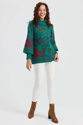 Desen Triko Kadın Dik Yaka Sarmaşık Çiçekli Yün Ceket 23017 A.ö. Başı Çok Renkli