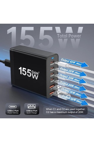 Motion003 155w 6 Portlu Masaüstü Şarj Cihazı Usb C 65w Ve Usb A 18w Hızlı Şarj Beyaz Avrupa Fişli Adaptör Dizüstü Bilgisayar İphone Uyumlu İçin