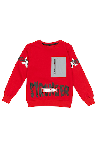 Erkek Çocuk Önü Arkası Stronger Yazı Desenli Fermuar Cepli Kırmızı Sweatshirt Kırmızı