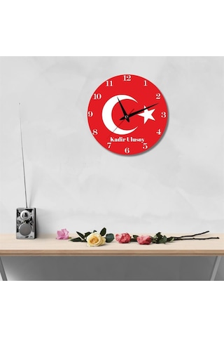 Bayrak Tasarımlı Kişiye Özel Temalı Cam Duvar Saati 293214 Kırmızı - Beyaz