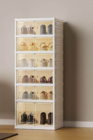 Piev Pratik 6 Katlı 12 Çift Ayakkabı Kapasiteli Mıknatıslı Çift Açılır Kapaklı Toz Geçirmez Ayakkabılık Beyaz Beyaz
