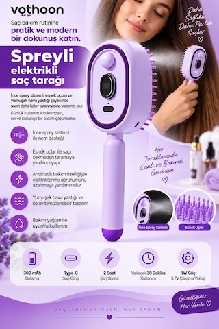 Elektrikli Spreyli Saç Tarağı 300 Mah Type C Şarjlı İnce Spreyli Antistatik Bakım Fırçası 84343181