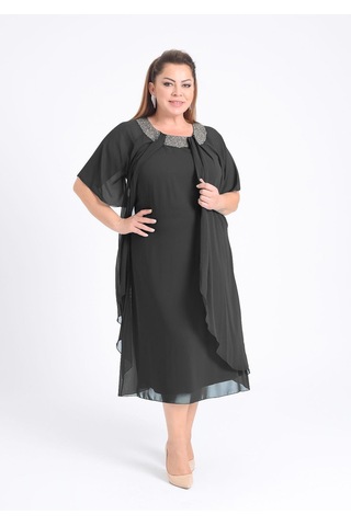 Büyük Beden Siyah Renkli Taş Baskılı Kısa Abiye Elbise Siyah