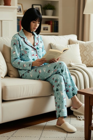 Benerly Kadın Gömlek Yaka Uzun Kol Fitted Kışlık Örme Pijama Takımı Fonks Turkuaz