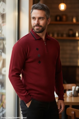 Kamalı Erkek Bordo Tüylenme Yapmayan Standart Fit Normal Kesim Nakış Desen Polo Yaka Triko Kazak