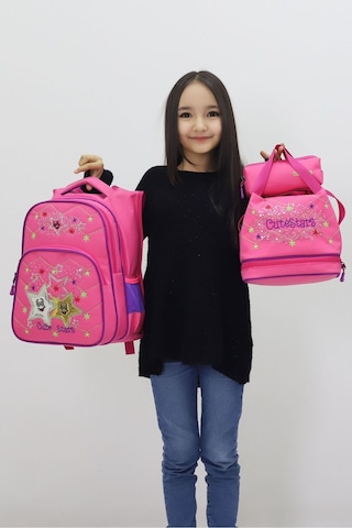 Cute Stars Kız Çocuk 3 Lü Okul Çanta Seti Yıldızlı Sırt Çantası Termal Beslenme Çantası Kalemlik Pembe