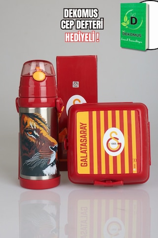 "dekomus Cep Defteri Hediyeli" Yeni Sezon Lisanslı Galatasaray Leon Askılı 500 Ml Çelik Matara Ve Çizgili Beslenme Kabı Seti Ahşap