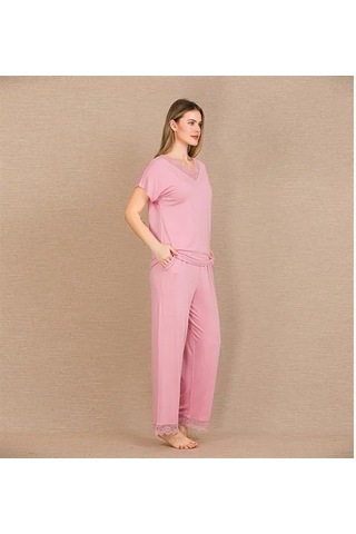 Emvera Kadın Viskon Şık Tasarım Dantel İşlemeli Pembe Kısa Kol Pijama Takımı