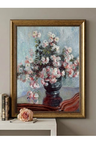 - Gold Vintage Varaklı 60x80 Çerçeveli Tablo Klasik Çiçek Buketi Monet Kasımpatı Çiçekleri Sanat Eseri Yağlı Boya Görünümlü 50x70cm Dokulu Baskı Dekoratif Lüks Salon Tablosu