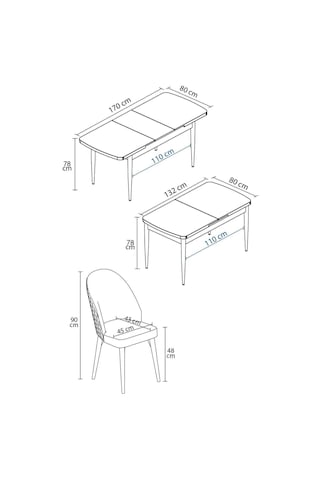 Mura Beyaz 80x132 Açılabilir Mdf Masa Yemek Odası Takımı, Mutfak Takımı 4 Adet Sandalye Siyah