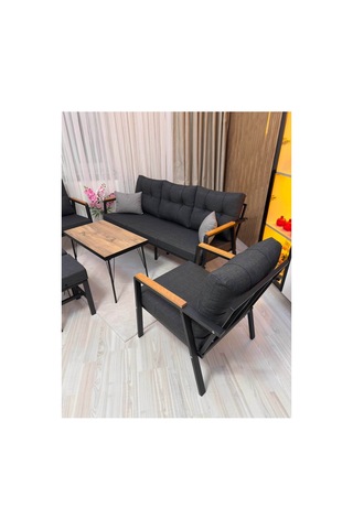 Houseart Balkon, Bahçe - Metal Kanepe Koltuk Takımı 3+1+1 + 2 Adet Puf + Sehpa Antrasit