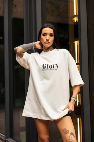 Modi Unisex Bisiklet Yaka Baskılı Oversize T-shirt - Beyaz