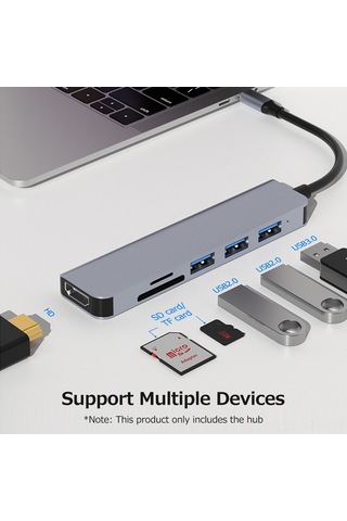Yaozixa Type-c 6 Çıktılı Hub Alüminyum Kasa - Usb3.0, 2xusb2.0, Hdmı 4k, Sd/tf Kart Okuyucu