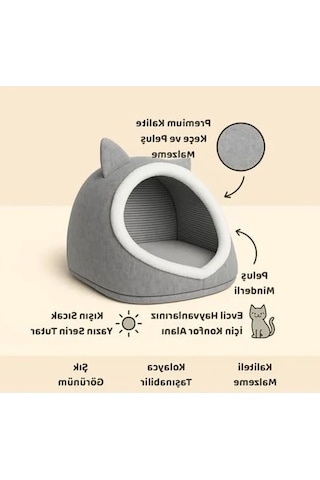 Beylini Kedi Köpek Evi Katlanabilir Evcil Hayvan Yatağı Peluş Yastık Hediyeli Dekoratif Kedi Köpek Yaşam Alanı Gri, L