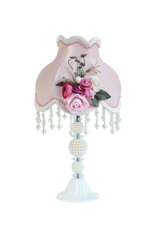 Dekovien Kadife Kaplı Çiçek Dekorlu Abajur Pembe İncili Model