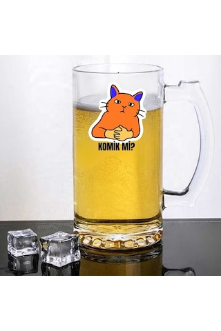 Komik Mi Turuncu Kedi Tasarımlı Bira Bardağı - Eğlenceli Espirili Cam Bira Kupası Renkli
