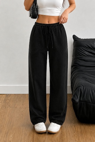 Tarz Cool Kadın Keten Karışımlı Regular Fit Beli Lastikli Bağcıklı Yüksek Bel Günlük Pantolon Siyah