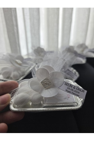 Şık Mini Tepsi Hediyelik Badem Şekerli Ve Çiçekli Süsleme Nişan, Söz, Nikah "10 Adet"