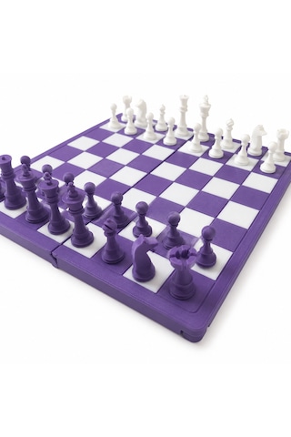 Katlanabilir Mini Satranç Takımı 21 X 21 Cm Taş Saklama Bölmeli Seyahat Tipi Taşınabilir Satranç Seti Mor Beyaz