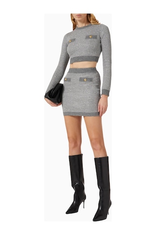 Elisabetta Franchi Wool - Blend Knit Mini Skirt Lüks, Payetli Ve Şık Düğmeli Etek Gri