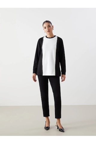 Lc Waikiki Lcwaıkıkı Classic Siyah Bisiklet Yaka Renk Bloklu Kadın Sweatshirt Tunik Siyah/beyaz