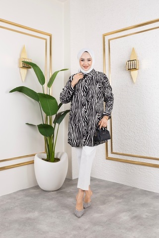 Hira Life Fashion Kadın Tesettür Giyim Ve Spor Giyime Uygun Düğme Detaylı Şık Desenli Dokuma Viskon Gömlek-tunik Siyah 4 Siyah 4