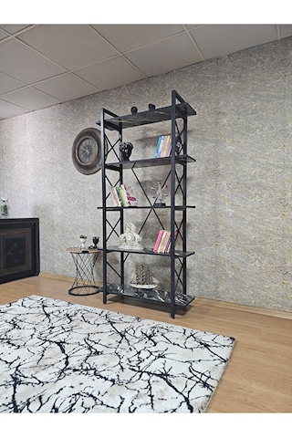 Çıkıntılı Siyah Boyalı Kitaplık - 5 Raflı Suntalem Lüks Kitaplık Çok Renkli