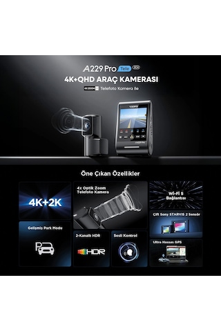 Viofo A229 Pro Tele 2 Kanallı Ön+telefoto 4k+2k Hdr Sony Starvıs 2 Sensör Gps'li Araç Kamerası