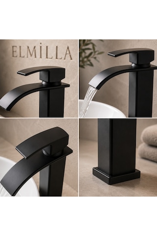 Lüx Krom Premium Mat Siyah Şelale Çanak Lavabo Bataryası Çift Su Girişli Modern Musluk