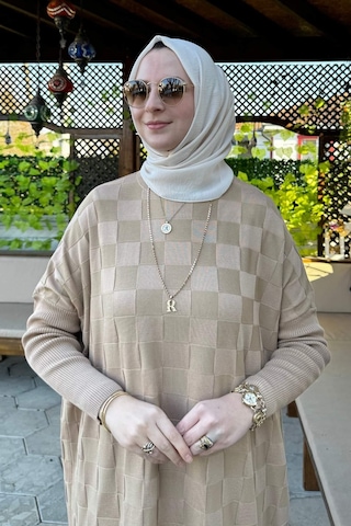 Rabia Şamlı Arzu Triko Tunik Bej Çok Renkli