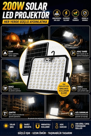 200w Solar Led Projektör Usb Şarjlı Powerbank Özellikli Güneş Enerjili Taşınabilir Kamp Bahçe Garaj