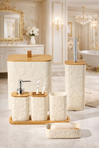 Makri Home Desenli 7 Parça Bambu Kapaklı Ve Aksesuarlı Banyo Seti Beyaz